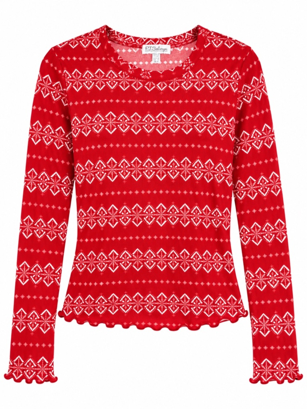 New - PJ Salvage Red Long Sleeve Fair Isle Ruffle Hem Top | Size Small